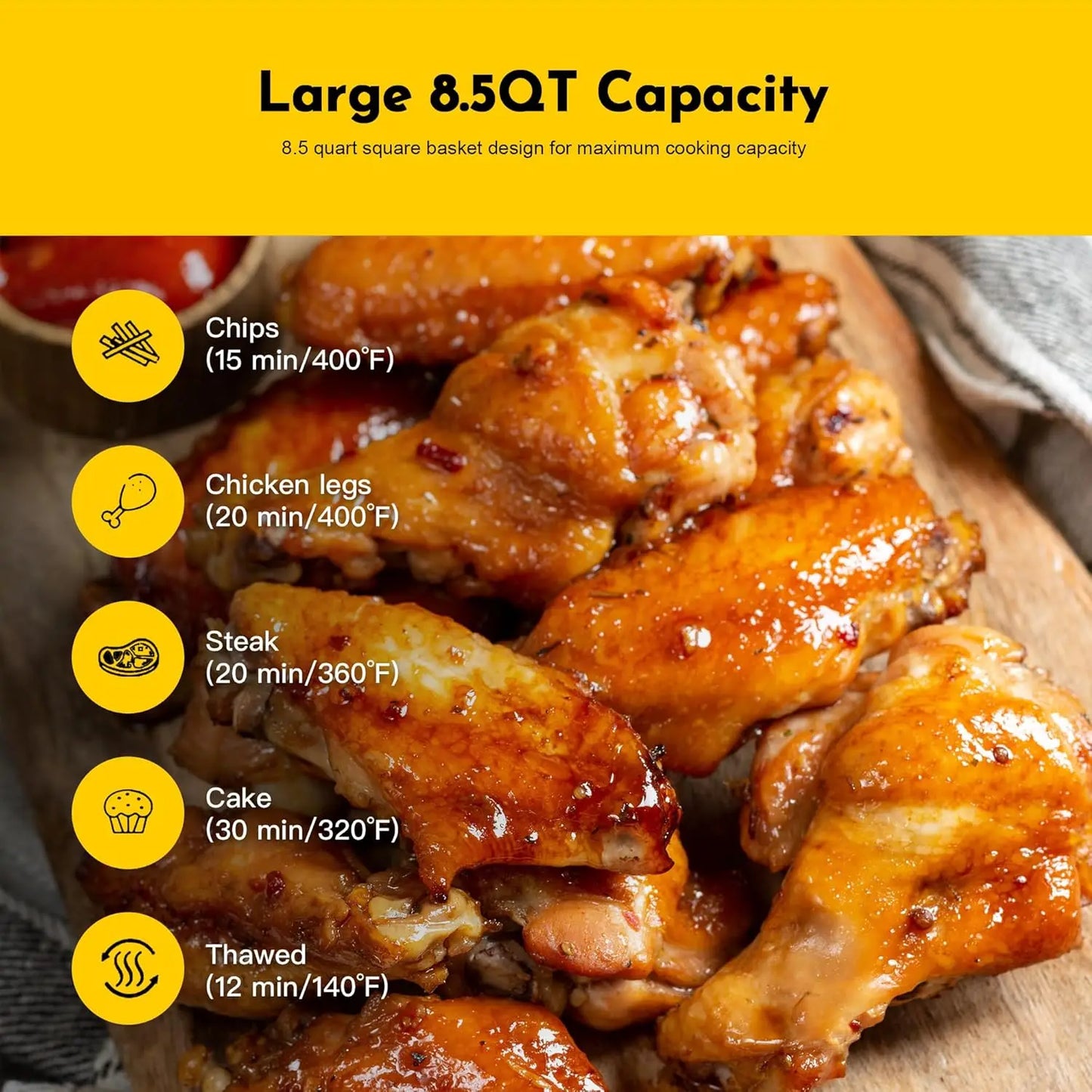 8.5QT Air Fryer Stainless Steel With Visual Window And Square Basket Family Size