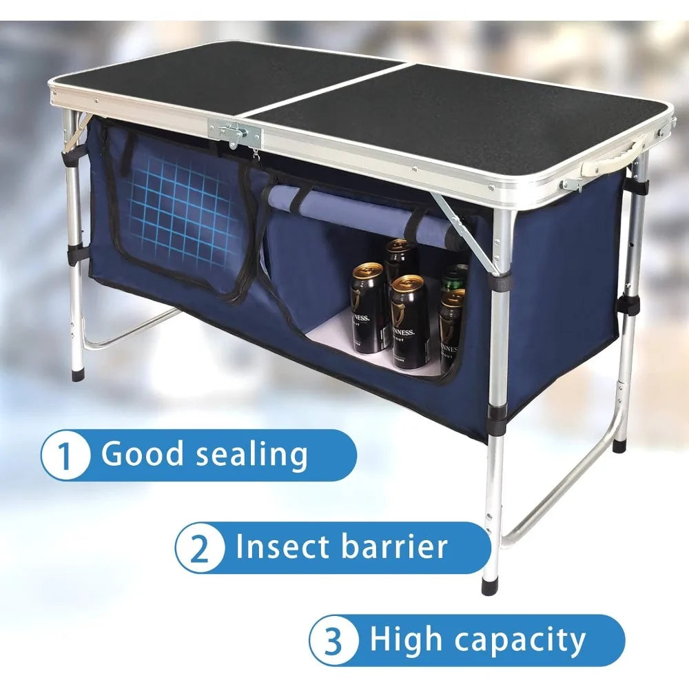 Aluminum Folding Outdoor Table Lightweight Adjustable Height With Storage