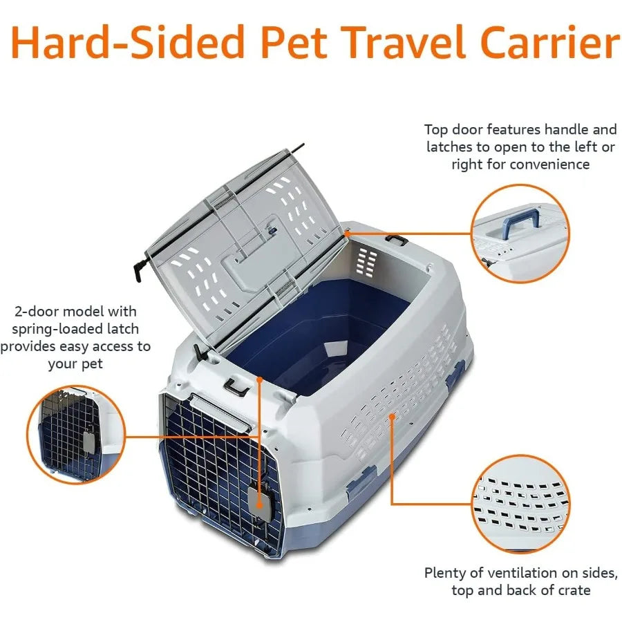 Two Door TopLoad HardSided Pet Carrier For Dogs And Cats Gray Blue