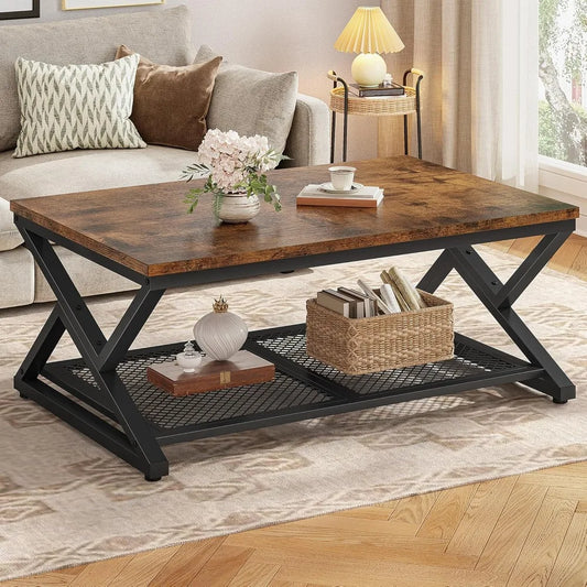 Modern Coffee Table With Storage And Mesh Shelf Living Room