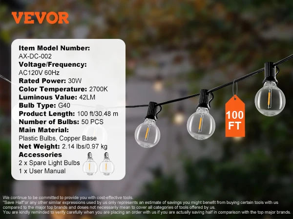 SucceBuy LED Outdoor String Lights 2700K Dimmable Patio