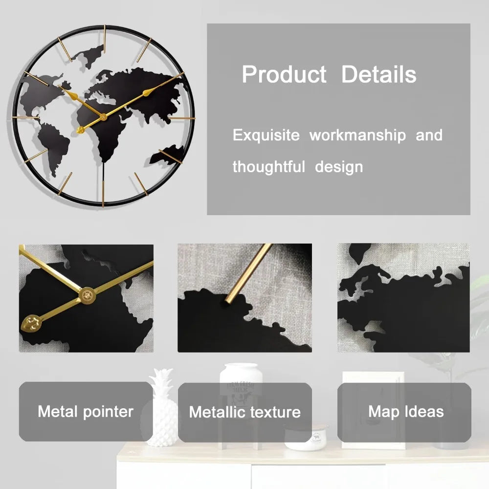 World Map Wall Clock Metal Minimalist Modern Round Silent Battery Operated