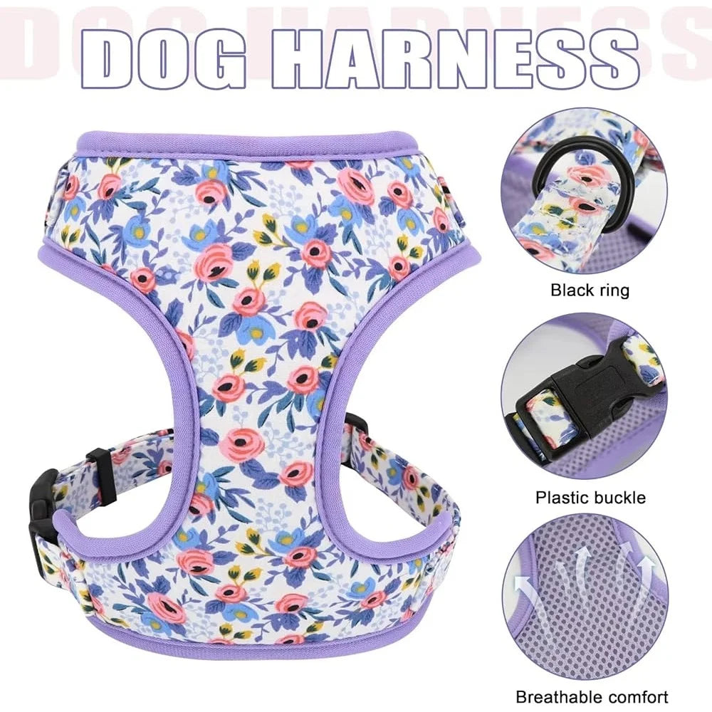 Cute Dog Harness Leash Collar Set Floral Mesh Vest Puppies