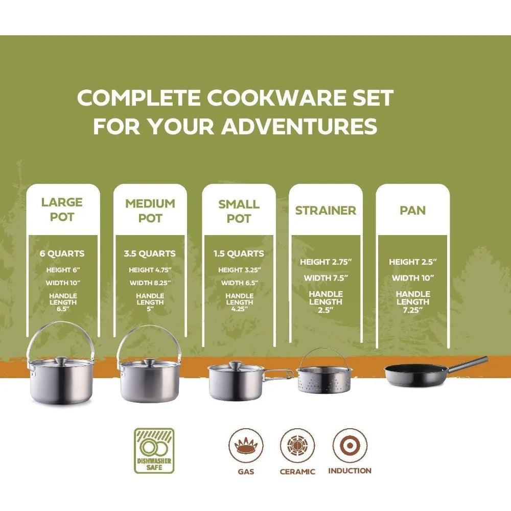 Camping Cookware Set 304 Stainless Steel 8 Piece Pot And Pan With Travel Tote