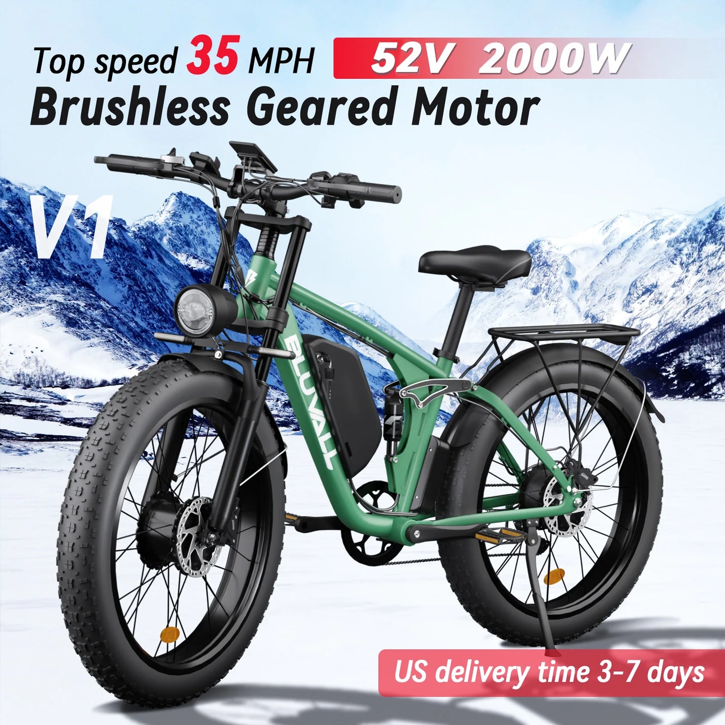 Moobelo V1 52V 2000W Dual Motor Fat Tire Electric Bicycle 26 Inch Snow Bike 7 Speed Suspension for Adults Commuter