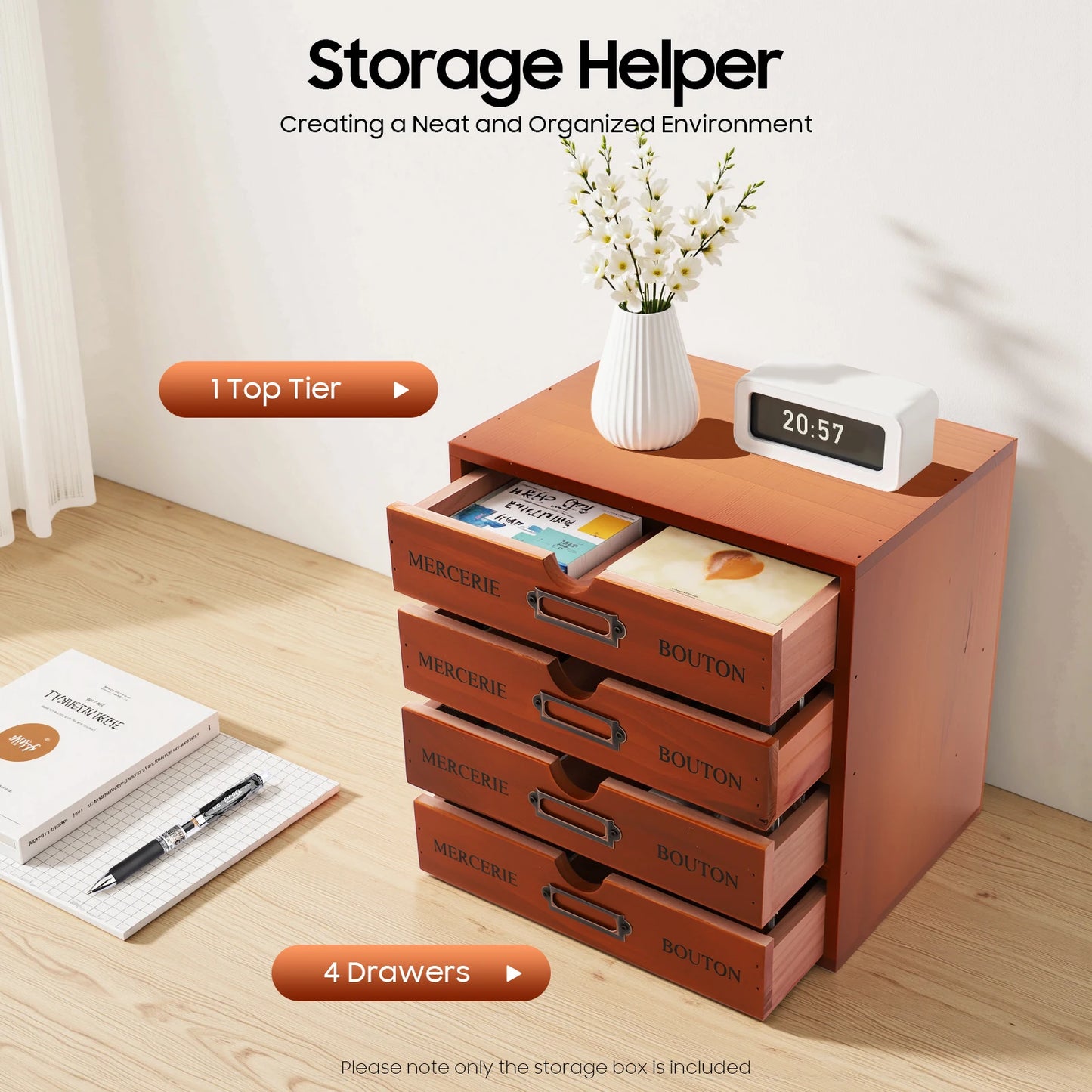 Antique Pine Wood 4 Drawer Desktop Storage Cabinet Unit