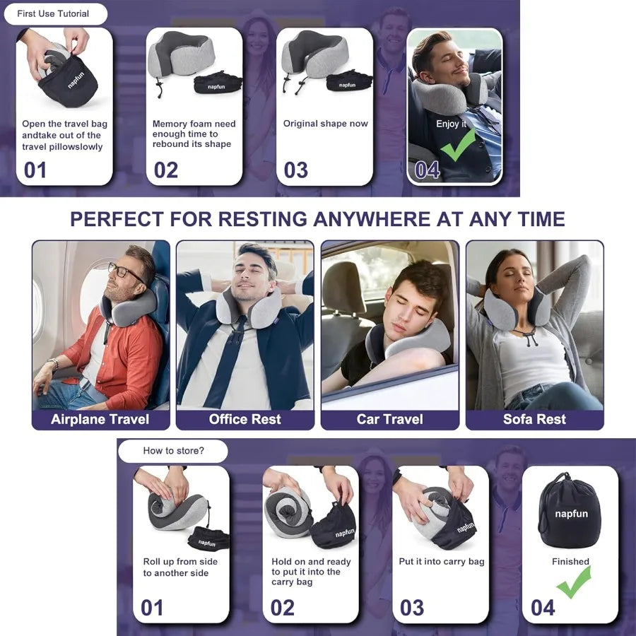 Upgraded Travel Neck Pillow With 100 Pure Memory Foam For Airplane Travel And Long Distance Portable Headrest Support