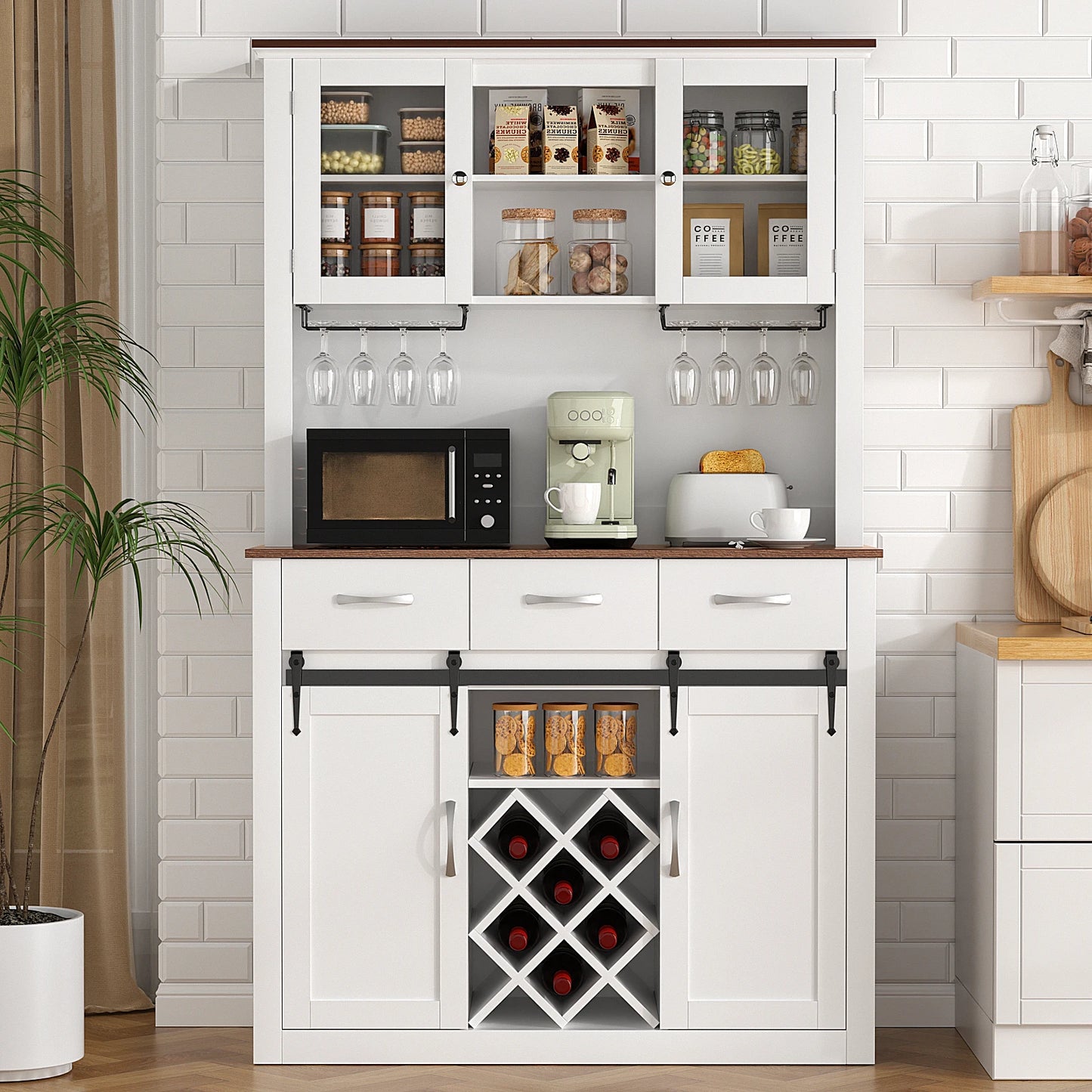 VOWNER 72 Inch Farmhouse Bar Cabinet With Sliding Barn Doors