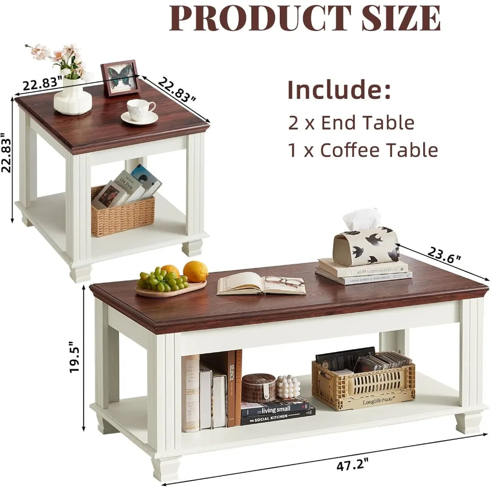 Farmhouse Coffee Table Set of 3 Rustic Wooden Living Room Table Set End Tables with Open Shelf