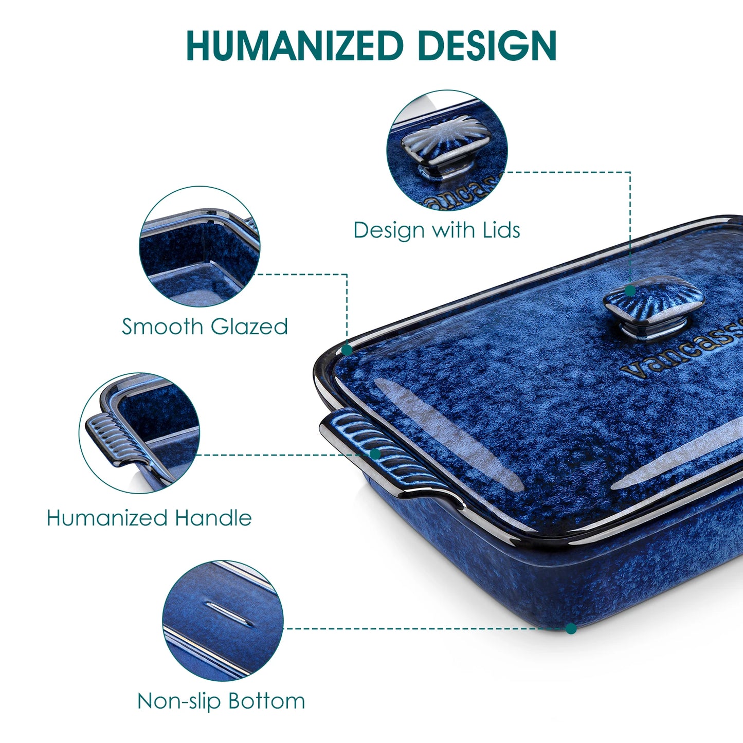 Vancasso Starry Blue Ceramic Casserole Dish With Lid 3.8 And 1.9 Qt Stoneware Microwave Safe Lasagna Pan