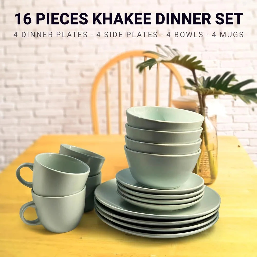 16-Piece Khakee Ceramic Dinner Set – Stoneware Plates, Bowls & Mugs – Modern Solid Colour Tableware for 4 – Microwave & Dishwash
