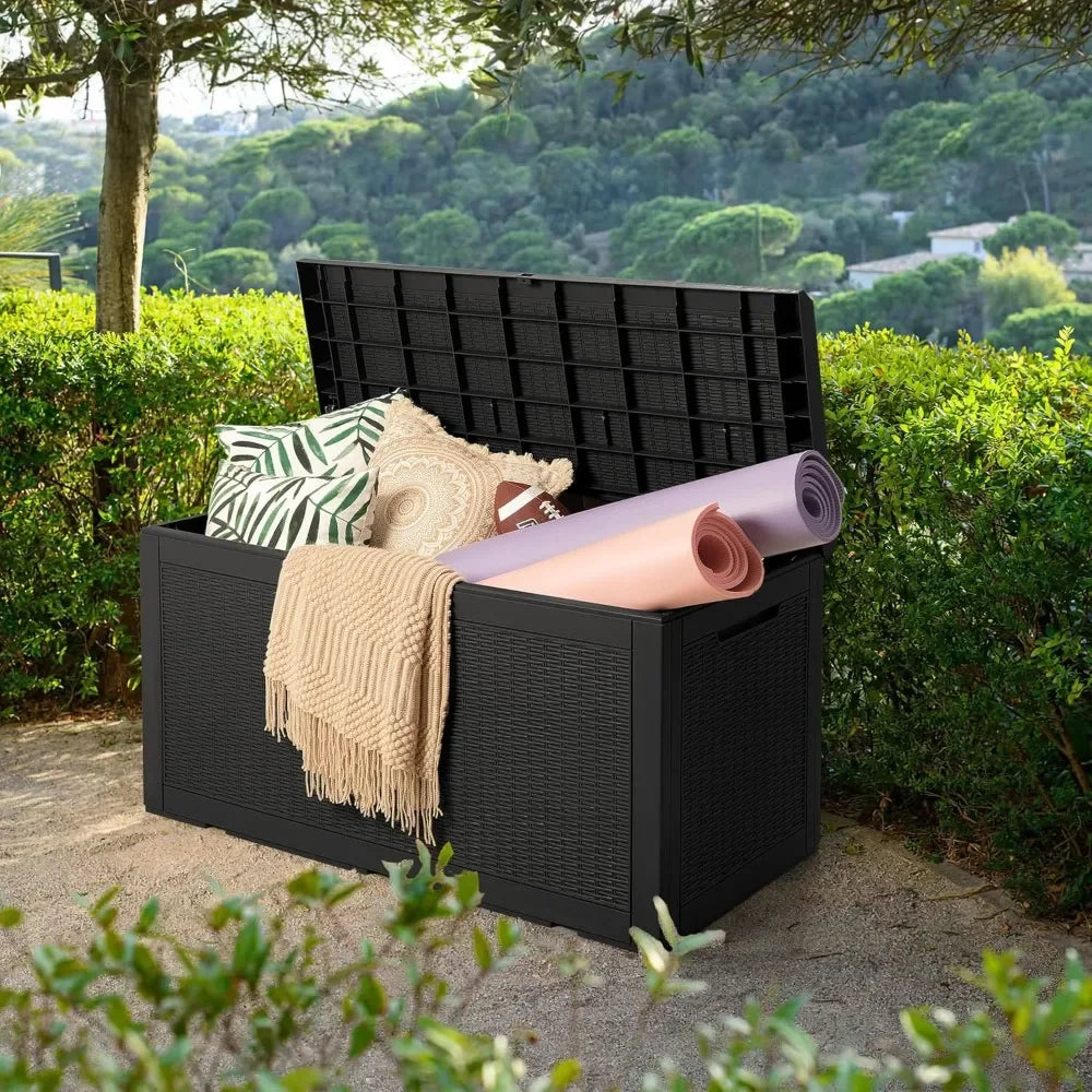 100 Gallon Waterproof Large Resin Deck Box Outdoor Storage Box Indoor Lockable Storage Container with Cushion for PatioFurniture