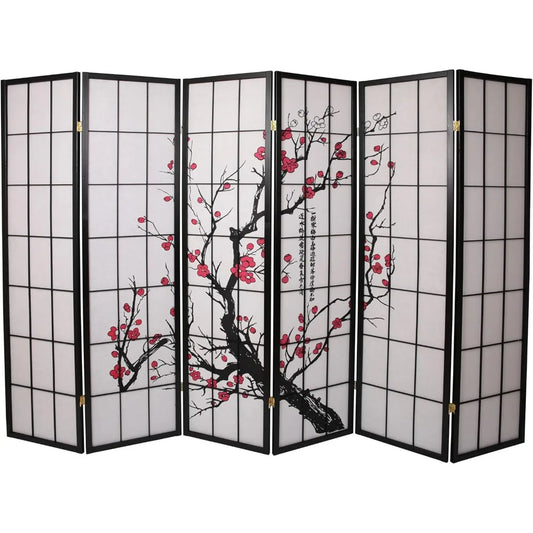 Six Panel Plum Blossom Screen Portable Foldable Shoji Style Room Divider Freestanding Privacy Screen