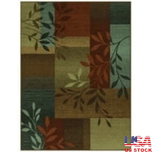 Multicolor Leaf Block Print Area Rug With Non Slip Backing Stain Resistant Machine Washable Durable Tufted Rug