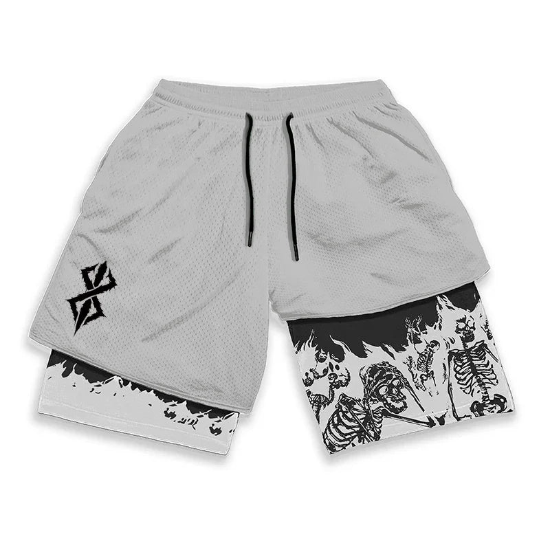 Berserk Skull Print 2 In 1 Running Shorts For Men Quick Dry Gym Activewear