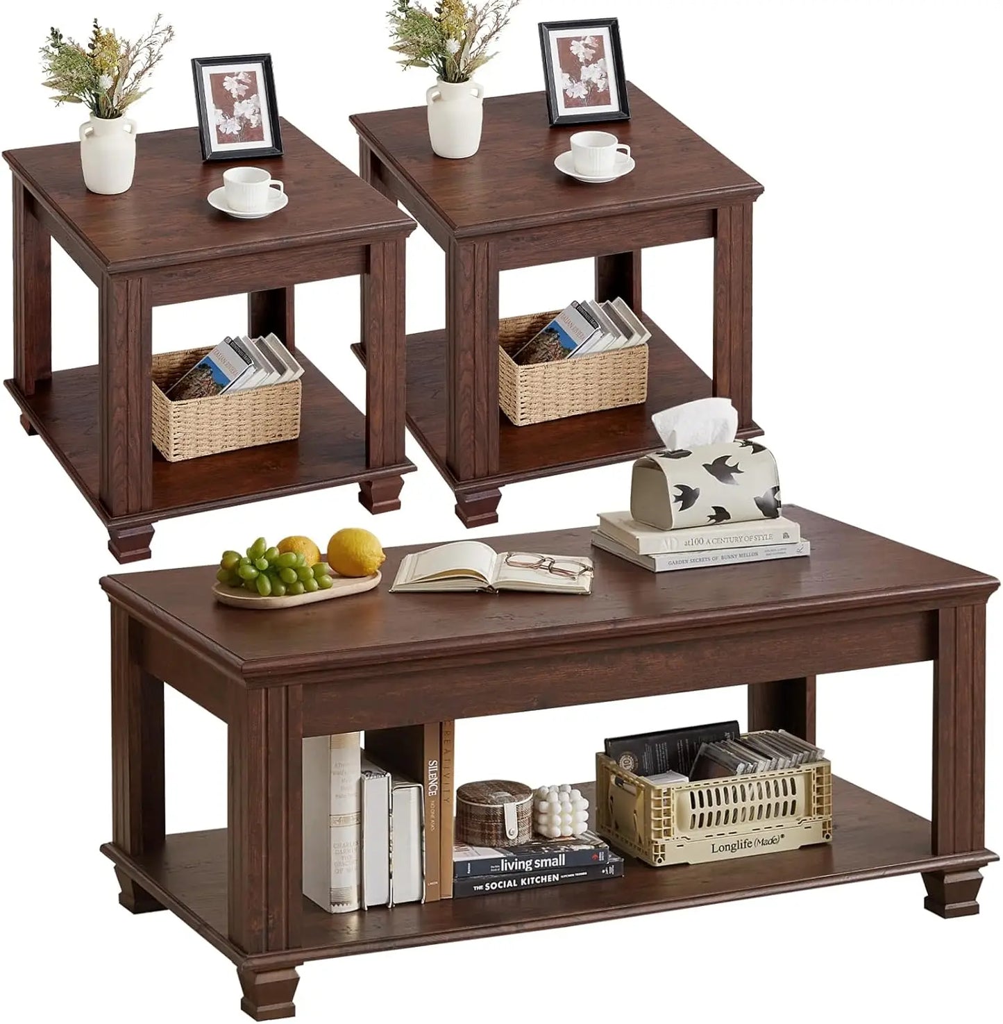 Farmhouse Coffee Table Set of 3 Rustic Wooden Living Room Table Set End Tables with Open Shelf