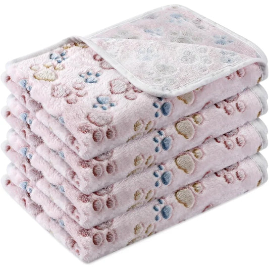 4 Pcs Dog Blanket Set Paw Print Fleece Soft Warm Sleep Mat for Pets