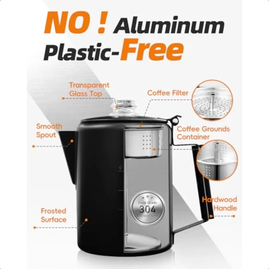 Stainless Steel 9 Cup Coffee Percolator For Stovetop Camping Black Outdoor Home Use No Aluminum Or Plastic