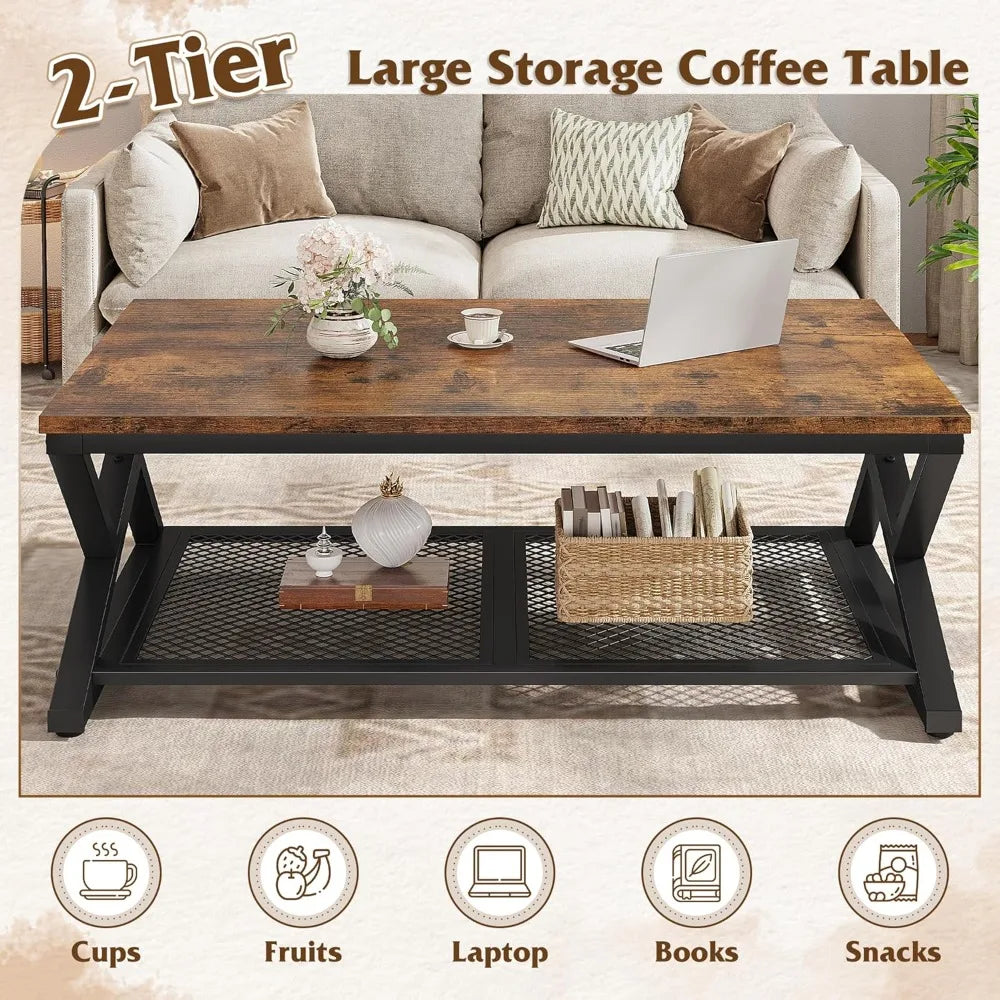 Modern Coffee Table With Storage And Mesh Shelf Living Room