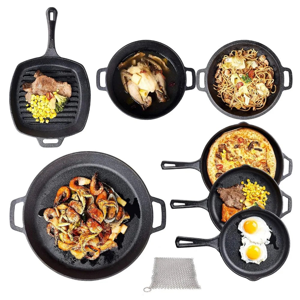 8 Piece Cast Iron Camping Cookware Set With Skillets Double Dutch Oven Pizza Pan