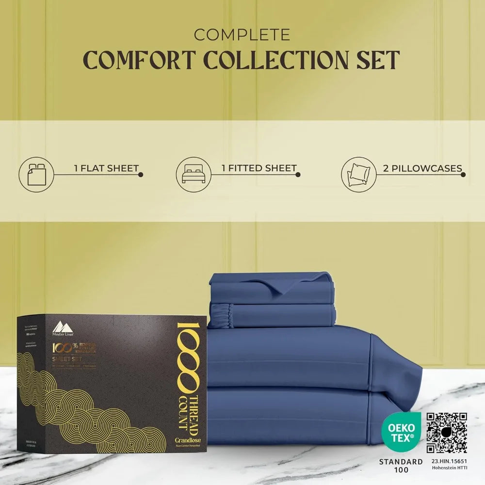 Mayfair Linen 100% Egyptian Cotton Sheets Queen Size - 1000 High Thread Count Sheets, 4 PC Luxury Hotel King Size Sheet Set, 16