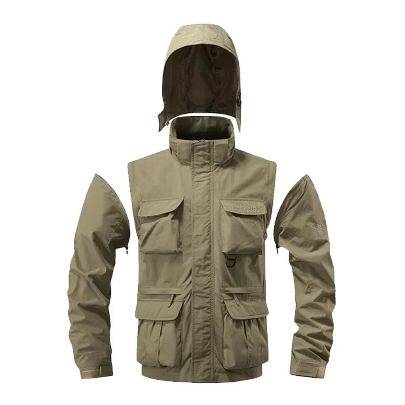 Men's Casual Waterproof Multi Bag Cargo Jacket Vest Suitable for Outdoor Activities Detachable Windproof Hooded Jacket  Jacket
