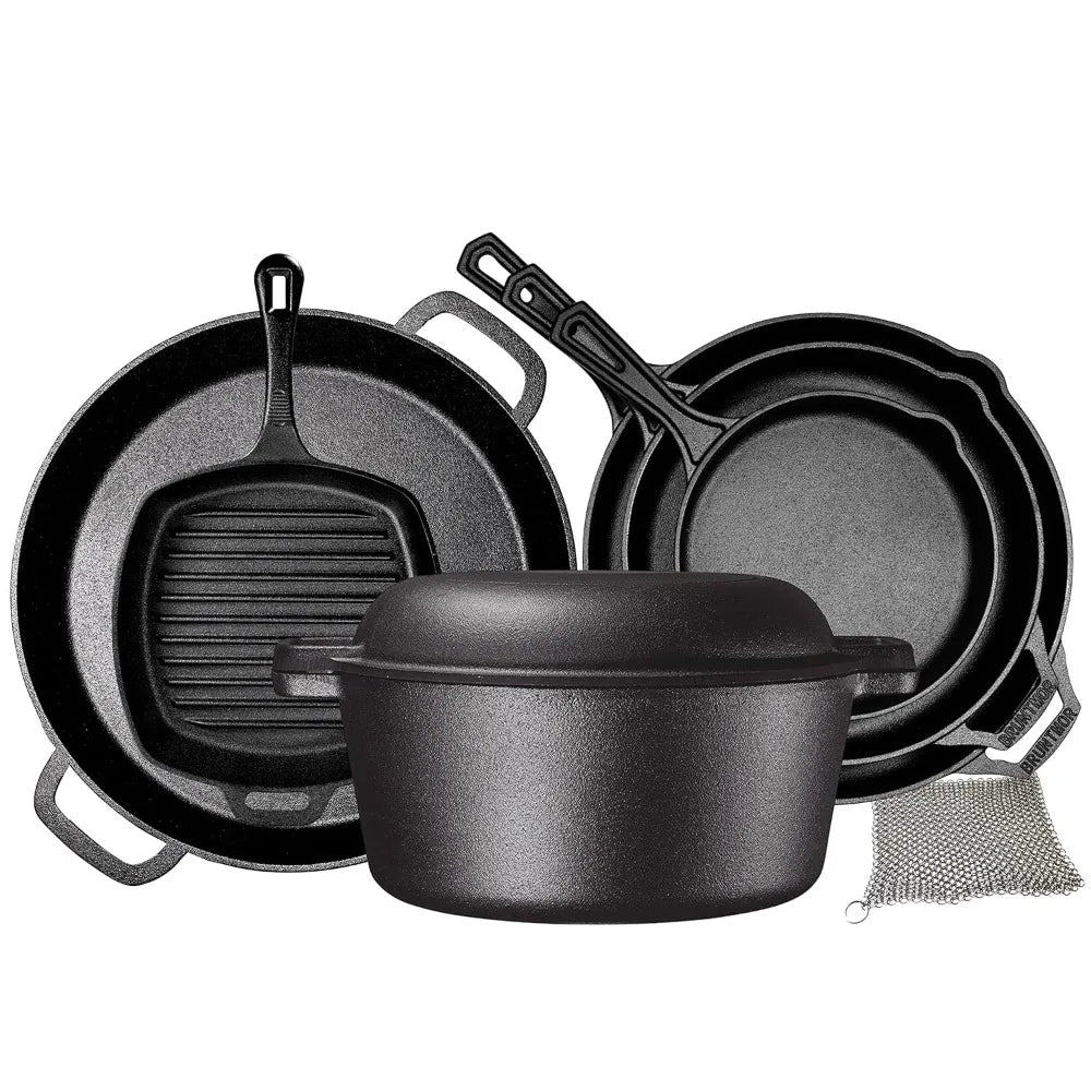 8 Piece Cast Iron Camping Cookware Set With Skillets Double Dutch Oven Pizza Pan