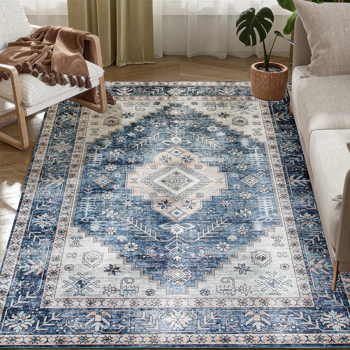 4x6 Foot Vintage Machine Washable Area Rug Blue for Living Room Anti Slip Non Shedding Durable Home Decor