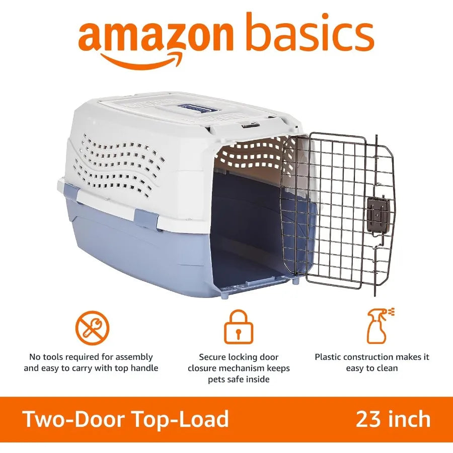 Two Door TopLoad HardSided Pet Carrier For Dogs And Cats Gray Blue