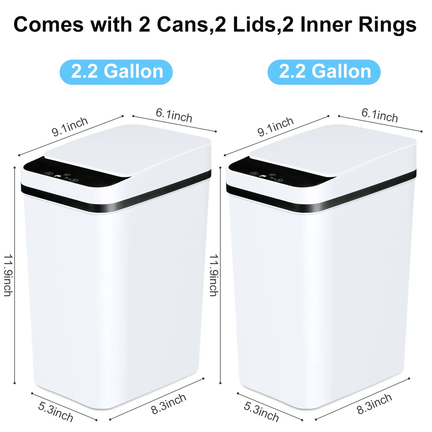 2 Pack 12L Bathroom Slim Touchless Motion Sensor Trash Cans With Lid White