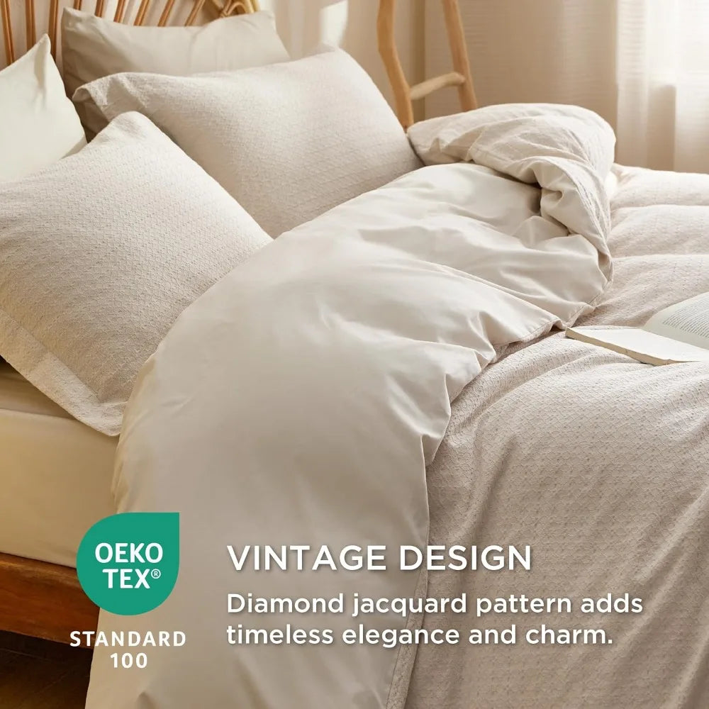 Cotton King Size Duvet Cover - Waffle Weave Boho Rhombus Pattern, Soft and Breathable Jacquard Bedding
