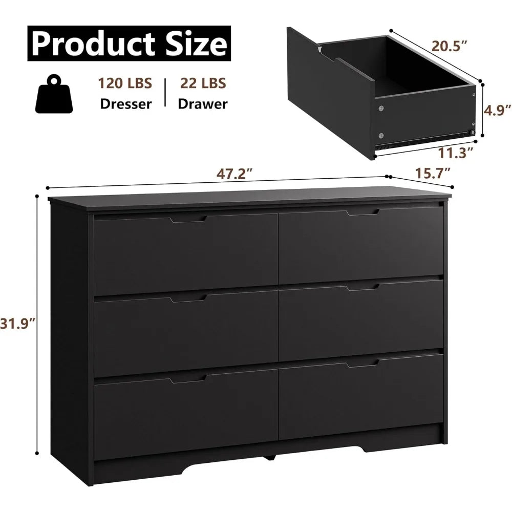 6 Drawer Black Dresser For Bedroom With Hidden Handles Modern Wood Design