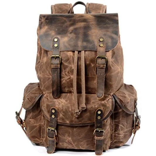 Wudon Leather Backpack Men Waxed Canvas Travel Rucksack