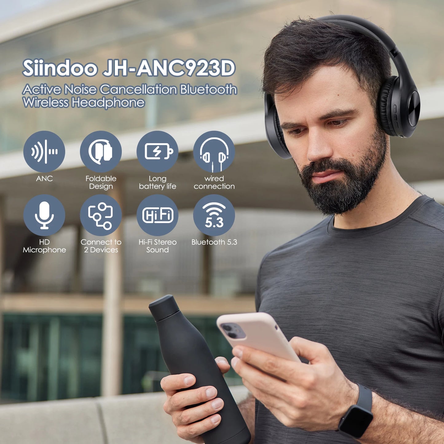 Siindoo ANC923 Active Noise Cancelling Wireless Headphones Over Ear With Mic