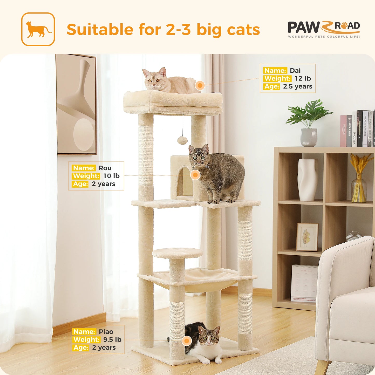 5 Level Cat Tree for Large Cats with Sisal Scratching Posts