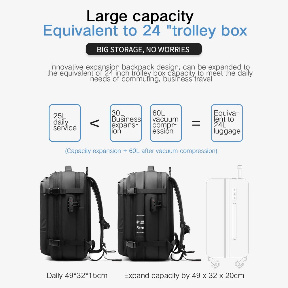 Men Travel Backpack Vacuum Compression 17 Inch Laptop Backpack Business Large Capacity School Hiking Expanded