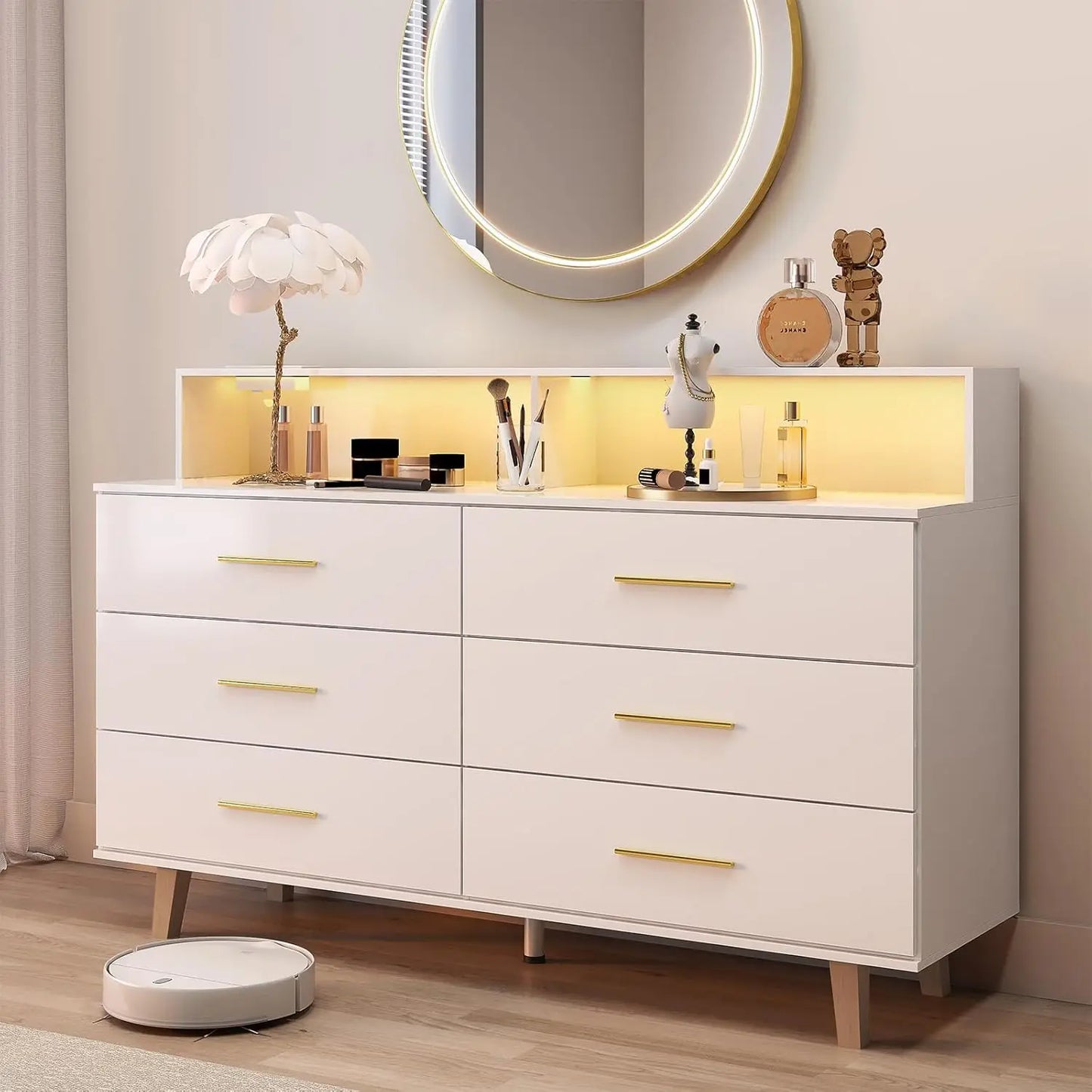 6 Drawer Dresser With LED Light And Power Outlet In White Wood For Bedroom