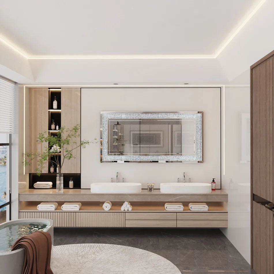 LUVODI Frameless Silver Vanity Mirror With Rhinestones