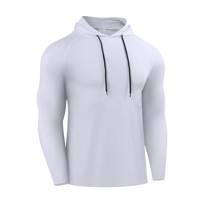 Mens Hooded Running Long Sleeve Shirt Elastic Jersey Gym Fitness Top
