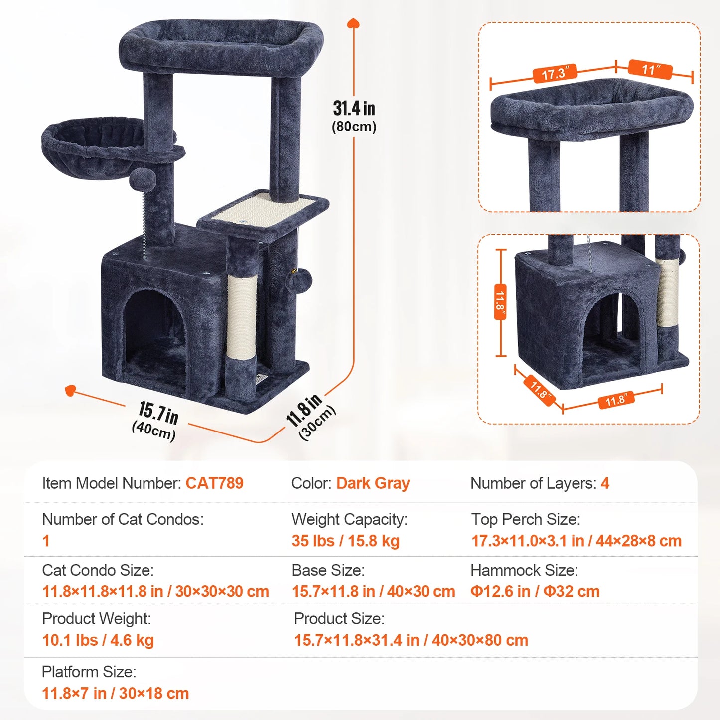 SucceBuy Cat Tree for Indoor Cats Cat Tower with Cat Condo Sisal Scratching Post HammockTop Perch Jumping Platforms Dark Grey