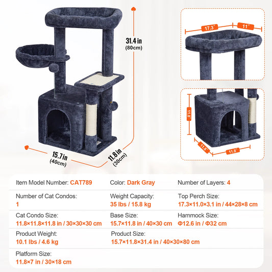 SucceBuy Cat Tree for Indoor Cats Cat Tower with Cat Condo Sisal Scratching Post HammockTop Perch Jumping Platforms Dark Grey