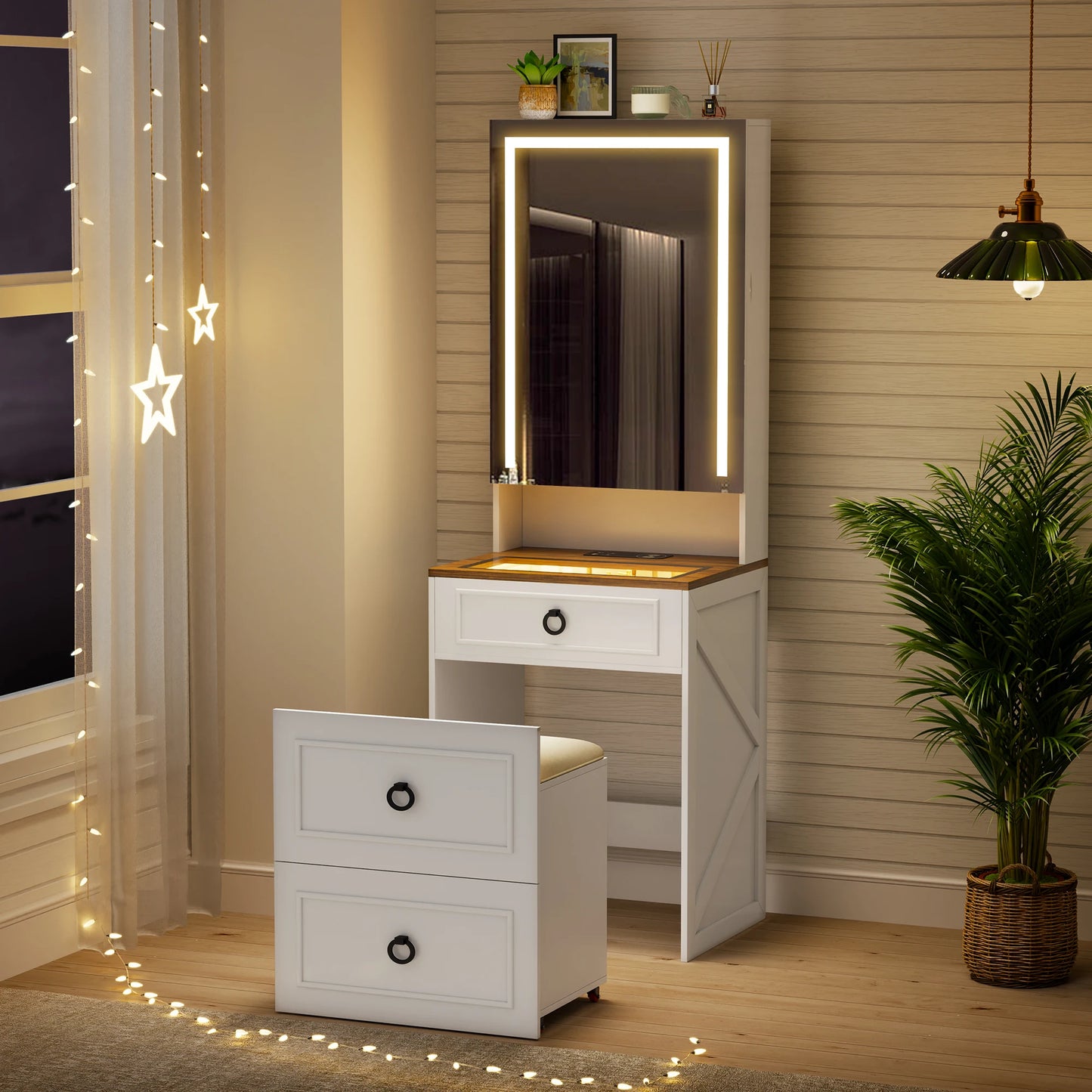 JDPAG Vanity Desk With Mirror And Lights Makeup Vanity Set Hidden Storage Stool