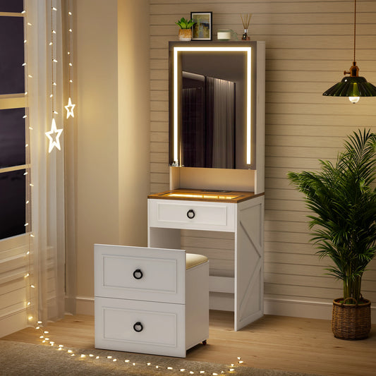 JDPAG Vanity Desk With Mirror And Lights Makeup Vanity Set Hidden Storage Stool