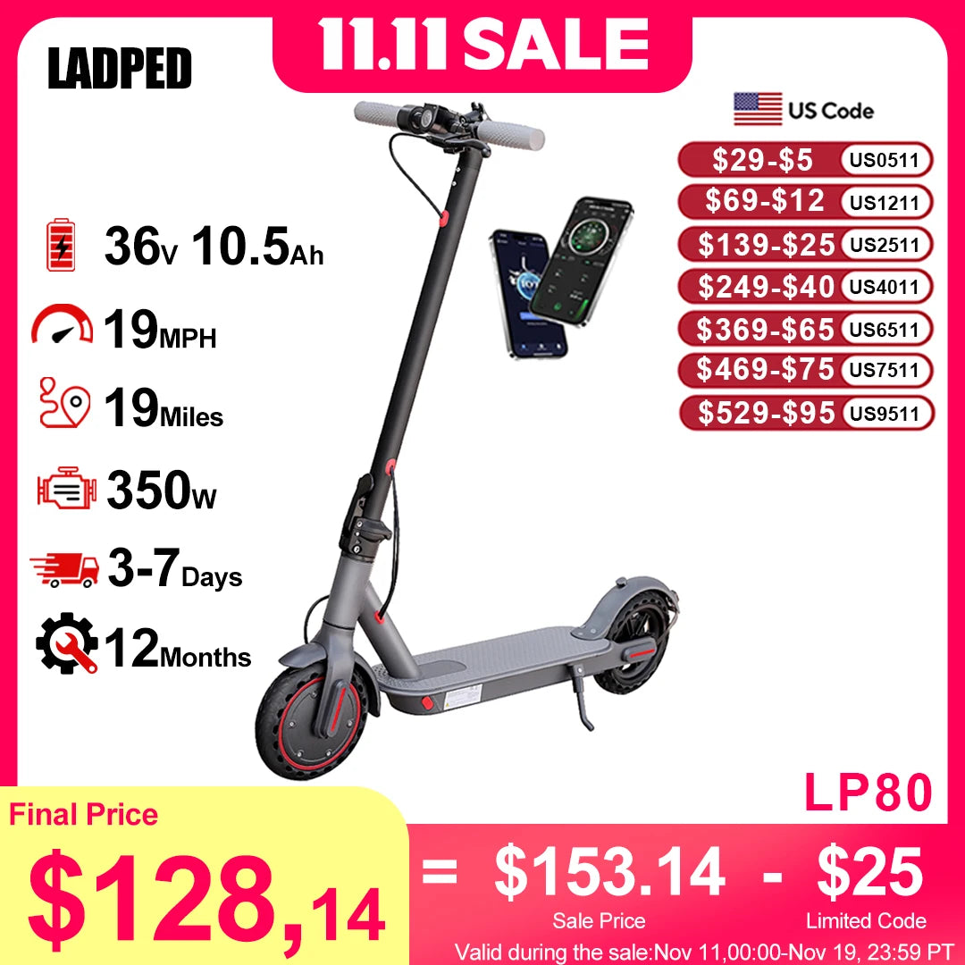 Ladped 350W Electric Scooter 19 MPH Folding Waterproof Shock Absorbing App