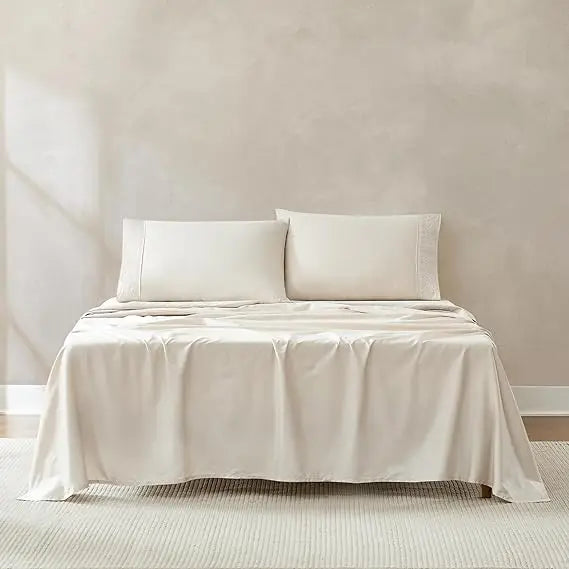 Lush Decor x Chuks Collins Path Cotton Sheet Set 4 Piece Set Queen Cream - Queen Bed Sheets- Cotton - Off White - Luxury