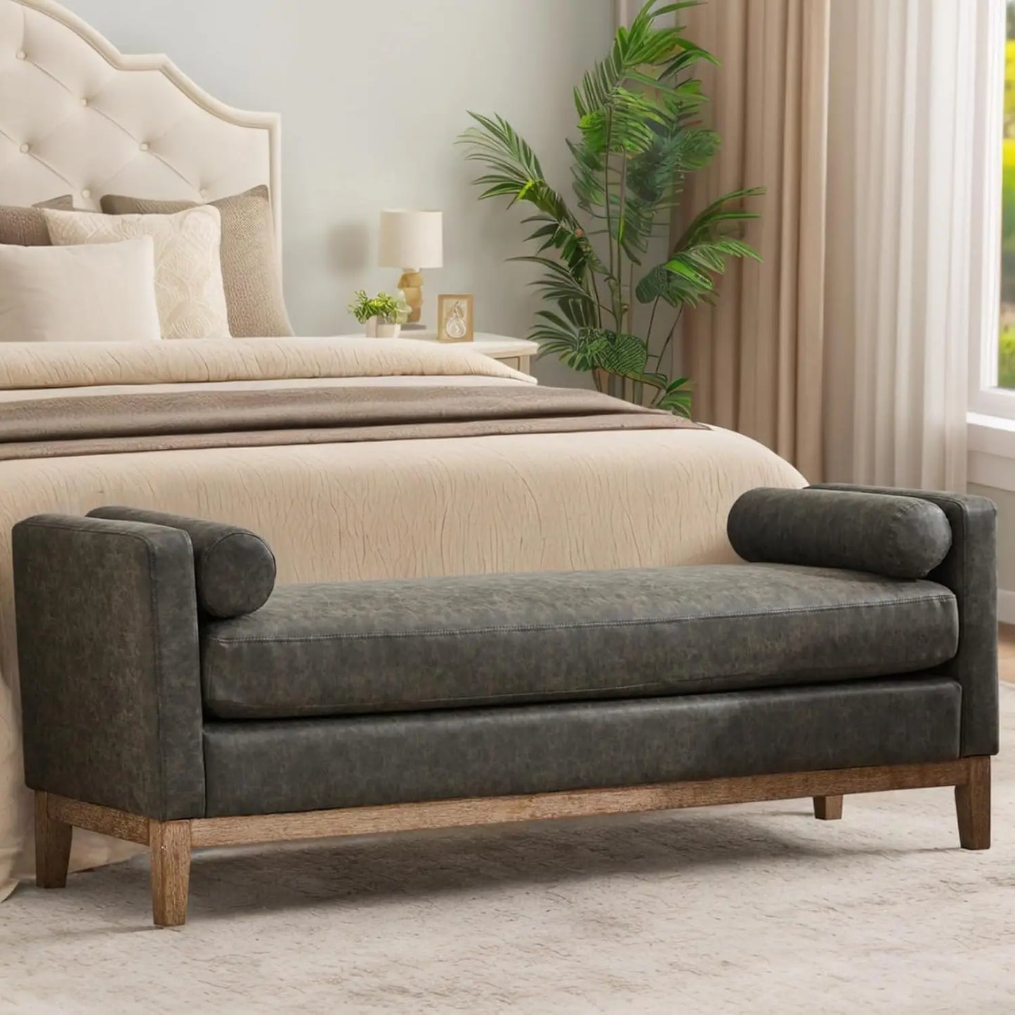 66 Inch King Size Leather Bed Bench Upholstered Stool
