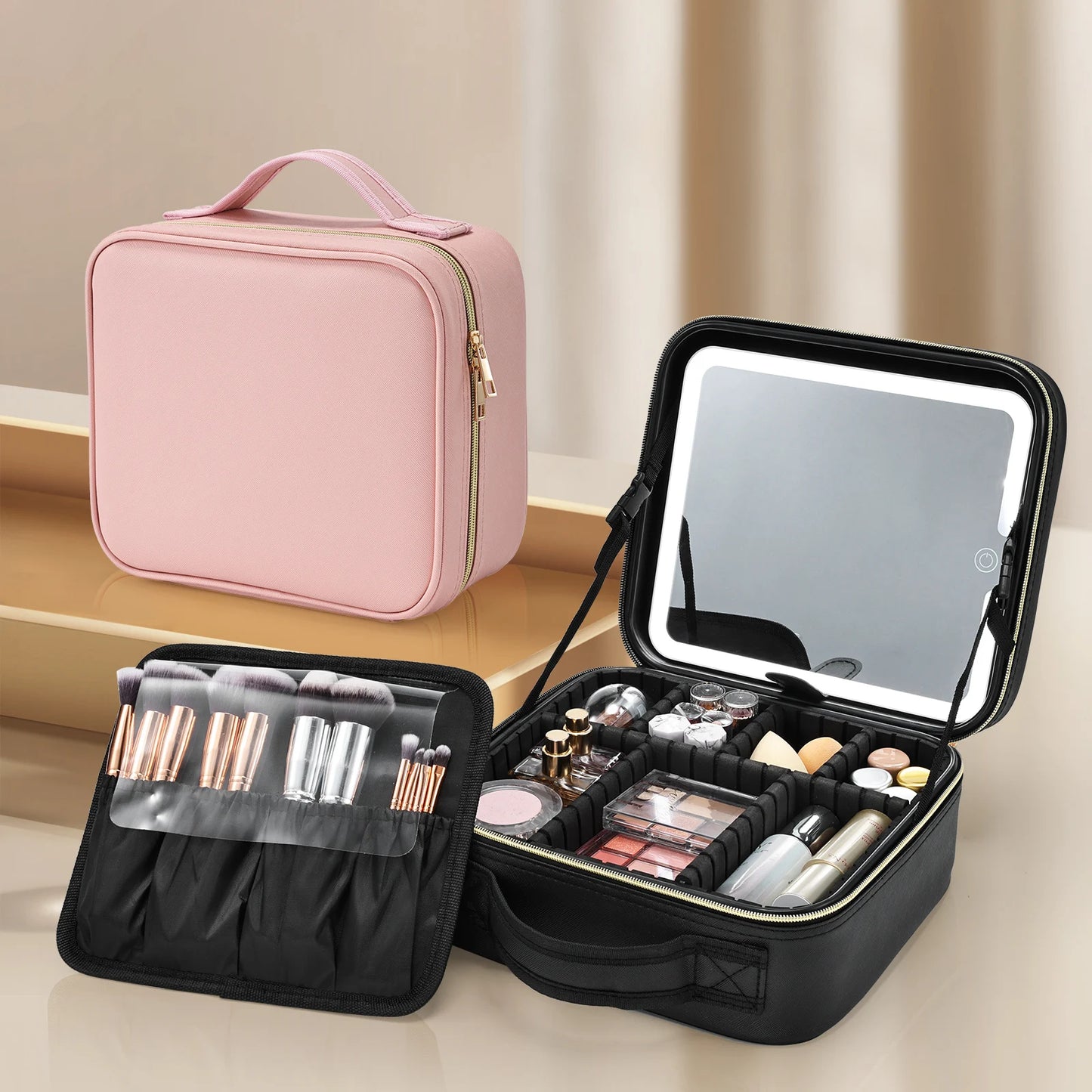 Makeup Bag With LED Mirror 3 Modes Lights Vanity Travel Case With Lighted Mirror