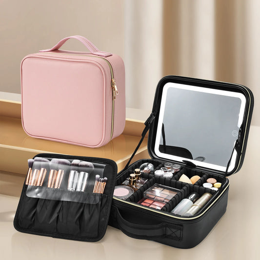 Makeup Bag With LED Mirror 3 Modes Lights Vanity Travel Case With Lighted Mirror
