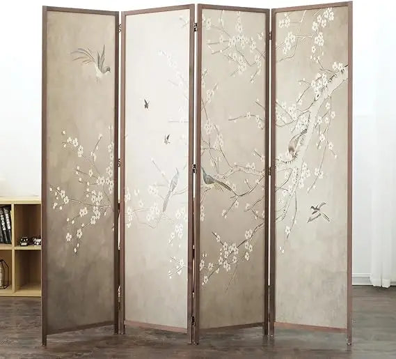 Four Panel Room Divider Screen Plums and Birds Blackout