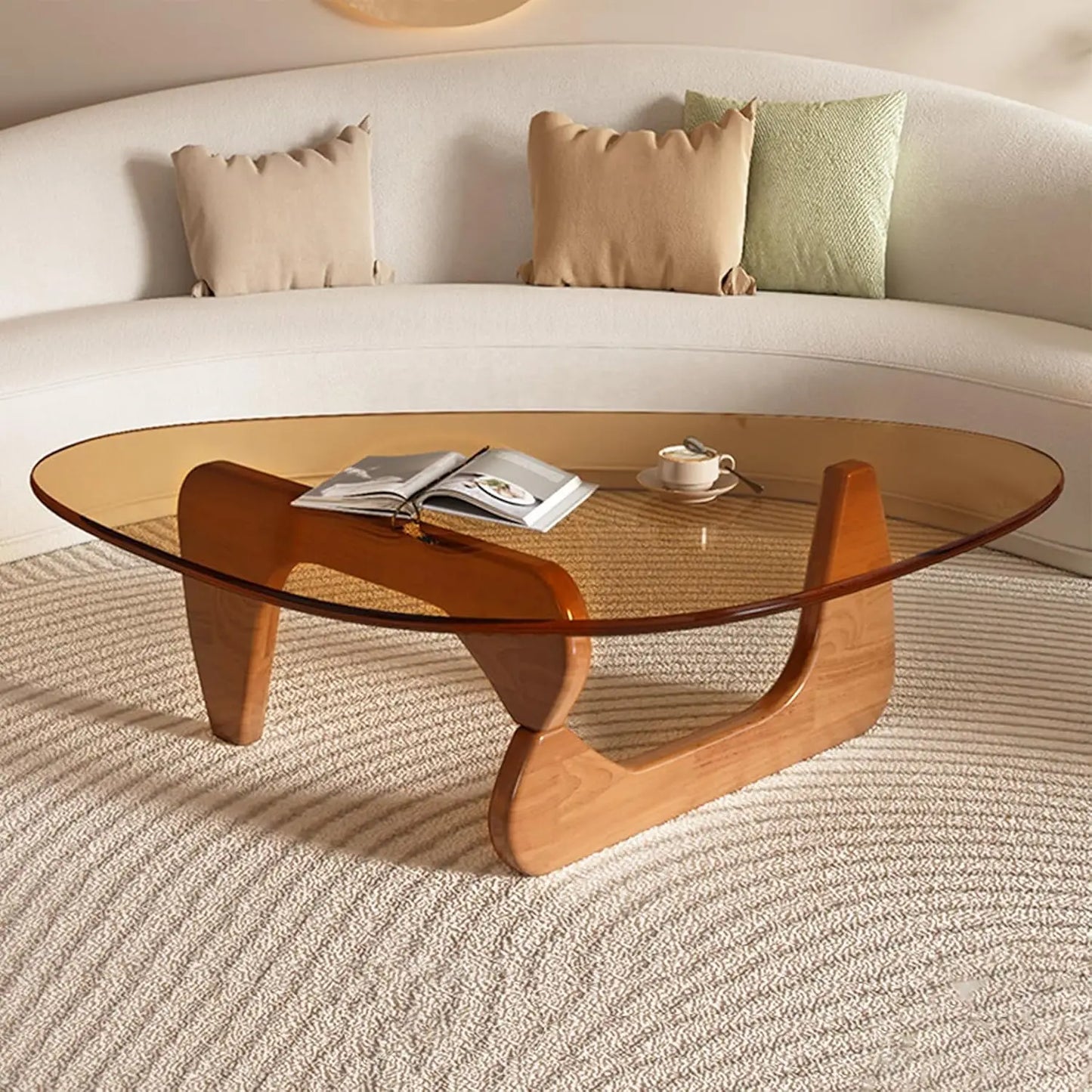 Triangle Glass Coffee Table With Wooden Base Modern